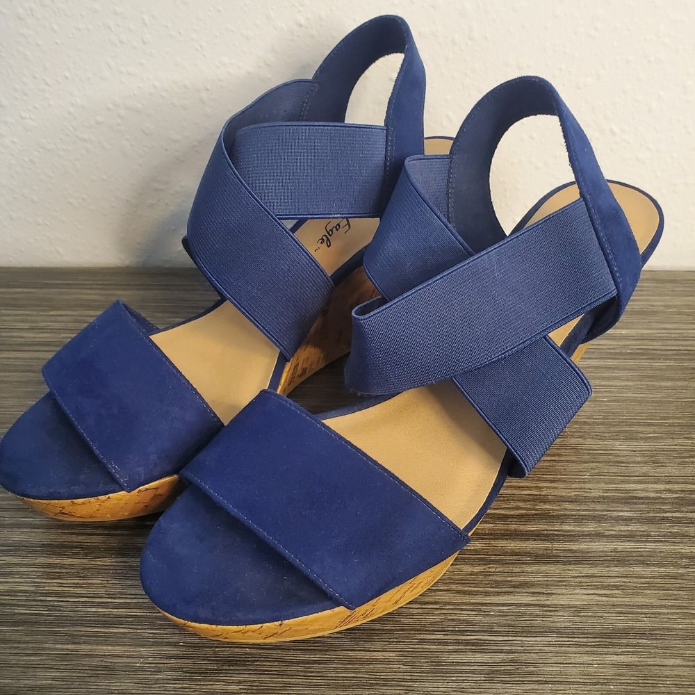 American Eagle Women's Ryan Wedge Sandals Navy Blue Cork Heel Straps Size 9.5